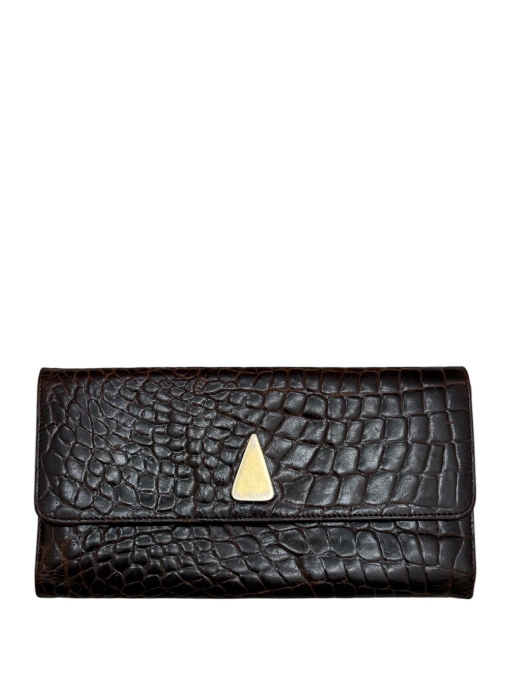 SHARIF - AMERICANA BROWN CROC EMBOSSED TEXTURED LEATHER LONG TRIFOLD SNAP WALLET